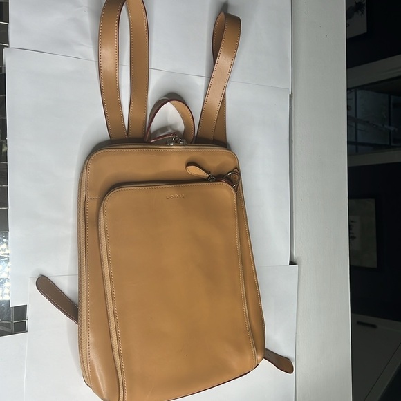 Lodis Tan Smooth Leather Slim Flat Backpack Bag - Picture 5 of 15